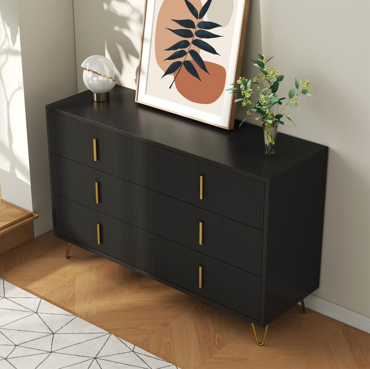 SIDEBOARD 120/40/77 cm mit 6 Schubladen, Wellenfront und goldfarbenen Griffen aus Spanplatte, Schwarz/Gold - Schwarz, Holzwerkstoff (120/77/40cm) - Redom