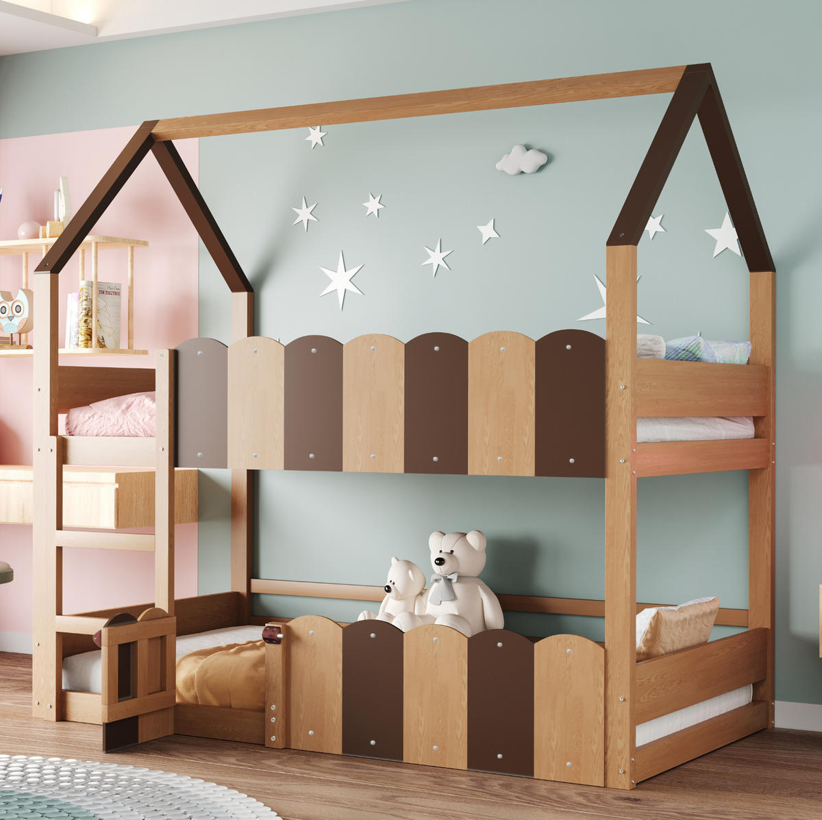 ETAGENBETT aus Holz 90x200 cm Naturholz mit Hausdesign, Sicherheitsgeländern und Lattenrost - Naturfarben, Holz (90/200cm) - Modfu
