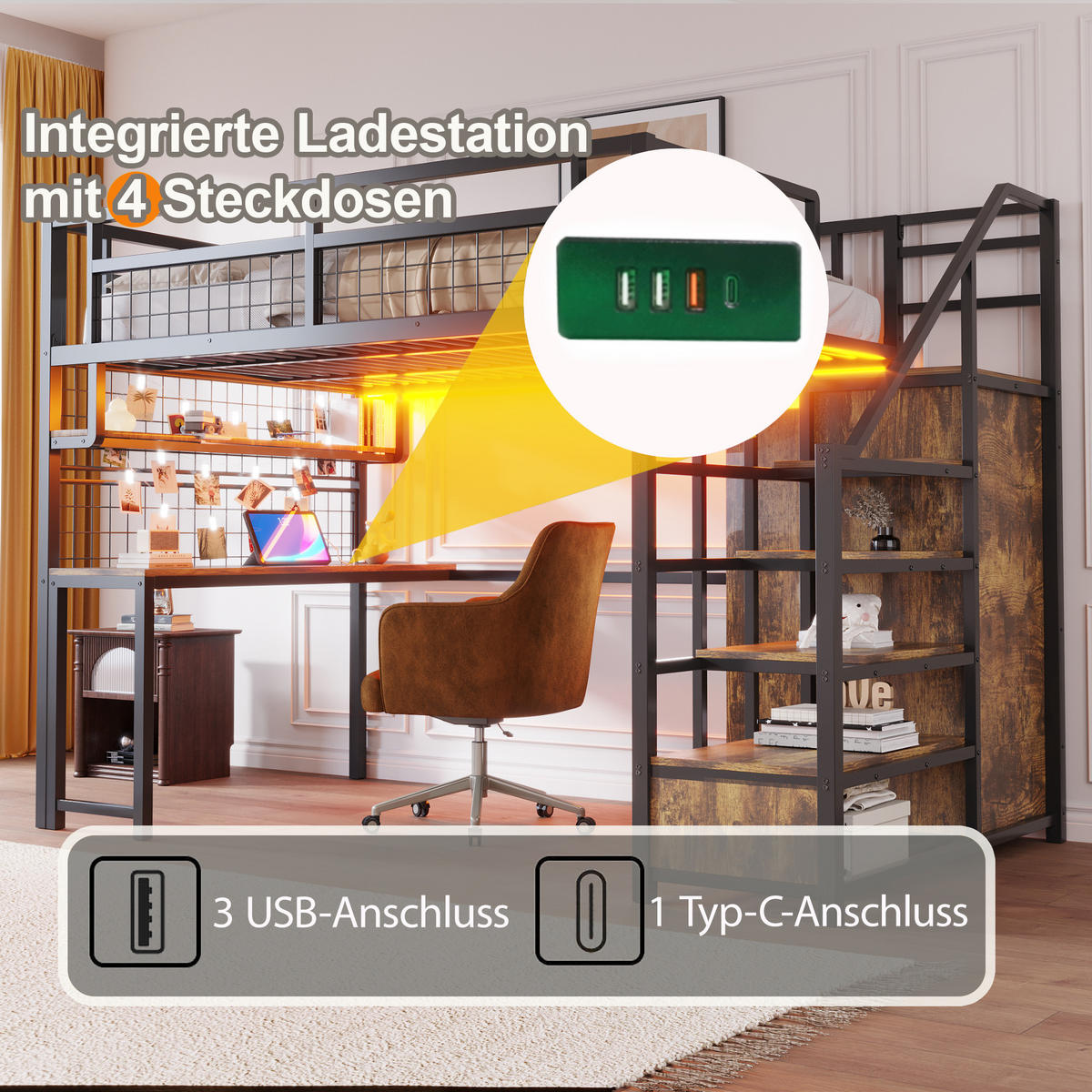 HOCHBETT 140/200 cm in Schwarz mit Stauraumtreppe, Kleiderschrank, Tisch und Steckdose - Schwarz, Holzwerkstoff/Metall (140/200cm) - WISHDOR