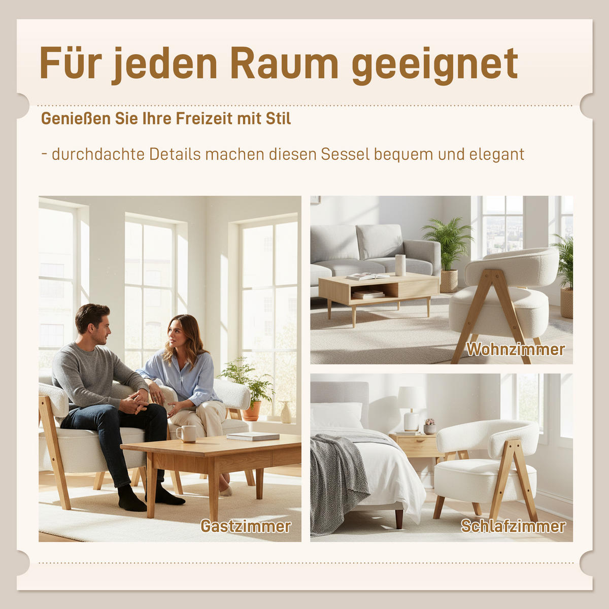 SESSEL gepolsterter Loungesessel mit Armlehnen, Fleece-Optik, Weiß - Weiß/Naturfarben, Holz/Textil (64/71/70cm) - HOMCOM