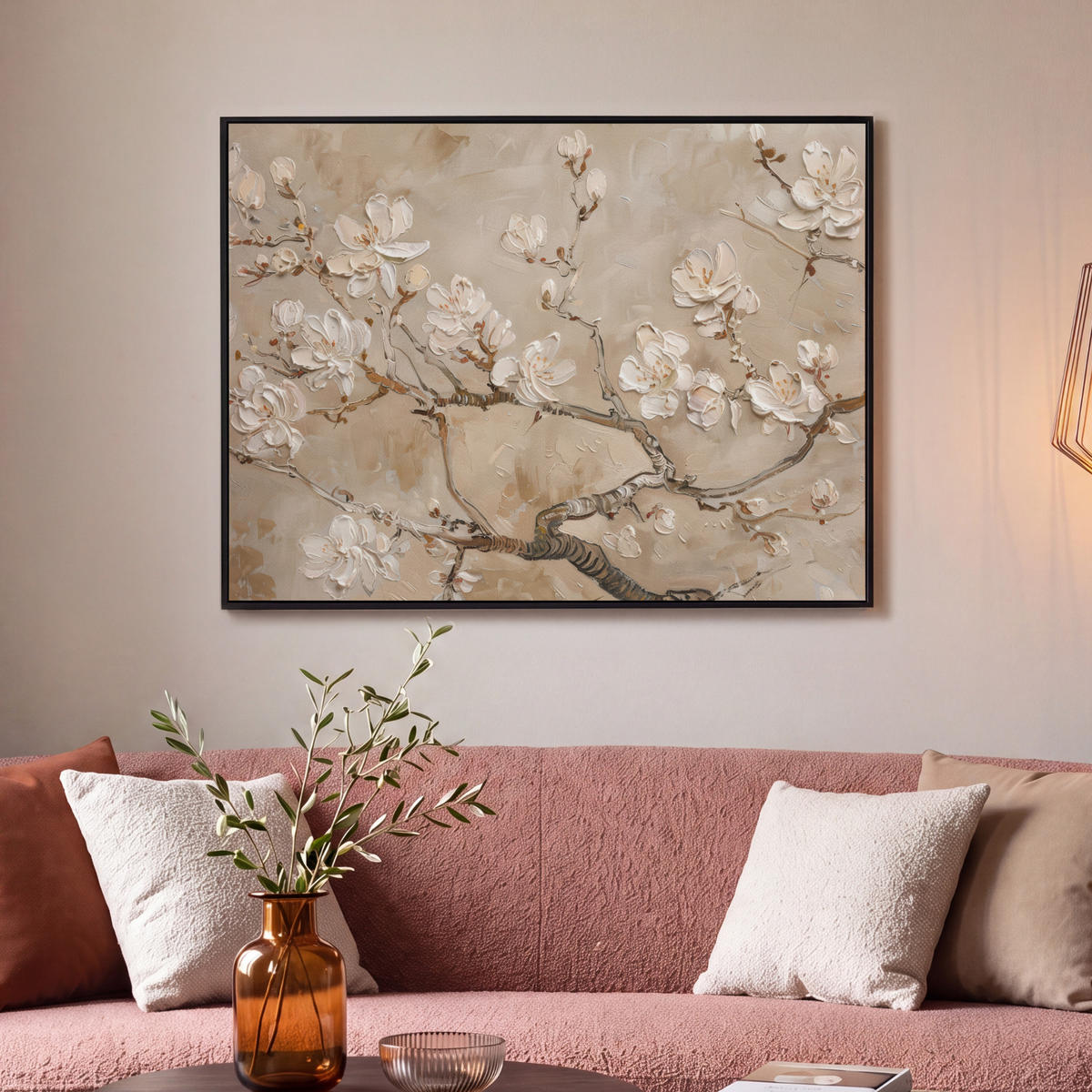 LEINWAND Bilder mit Rahmen - Blumen - Modern - Beige - Weiß - Blüte - 100x70 - Beige, Textil (100/70cm) - MuchoWow