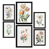 POSTER Set Mit 6 Pastellblume Größe A3 & A4 Schwarzer Rahmen - Schwarz, Papier (29.7/1cm) - Nacnic