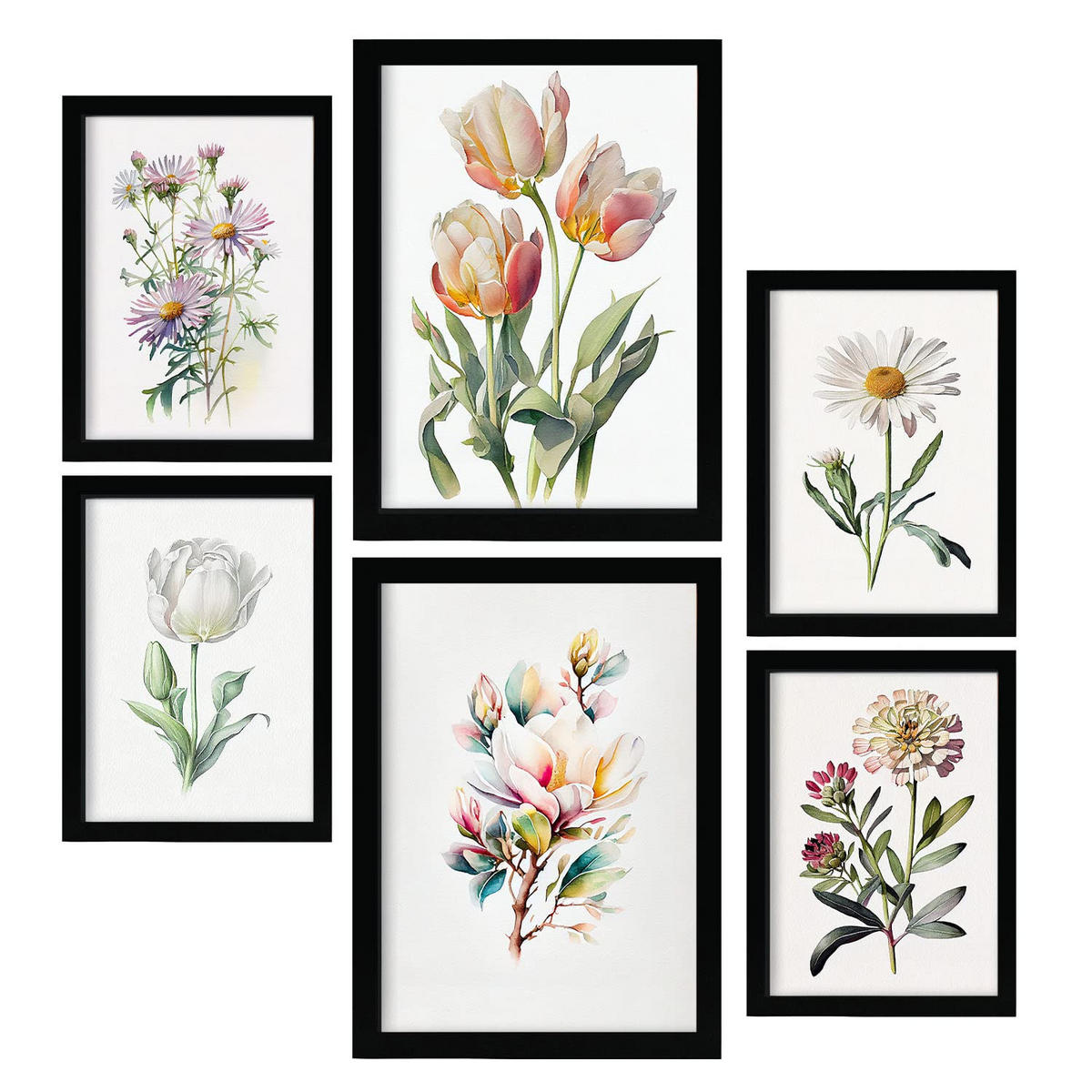 POSTER Set Mit 6 Pastellblume Größe A3 & A4 Schwarzer Rahmen - Schwarz, Papier (29.7/1cm) - Nacnic