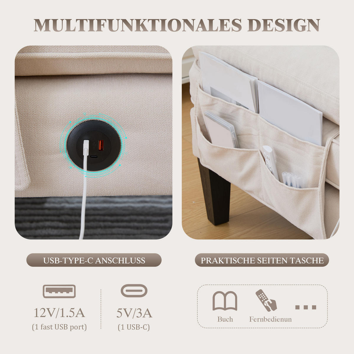 WOHNLANDSCHAFT 250/130/88 cm Beige Leinen mit Aufbewahrungsfach und USB/Type-C-Ladeanschluss - Beige, Textil (250/88/130cm) - Oxeza