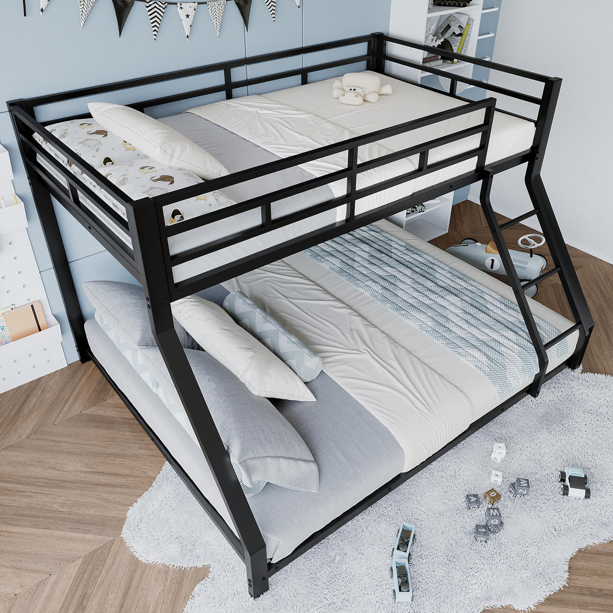 ETAGENBETT 90x200cm + 140x200cm Schwarz Metall EN747 zertifiziert - Schwarz, Metall (140/200cm) - FLIEKS