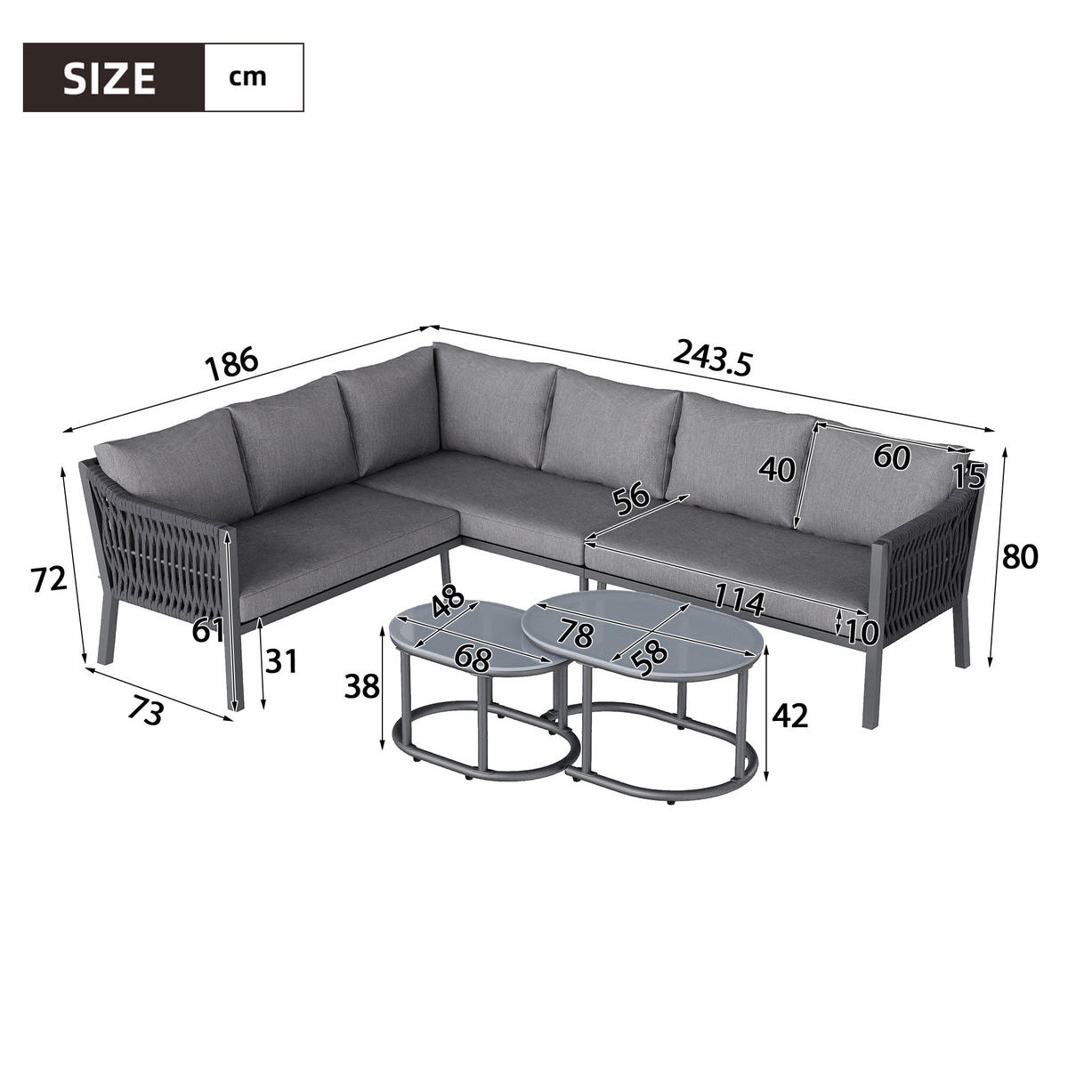 GARTENLOUNGE-SET für 6 Personen Garten-Essgruppe mit zwei Couchtische und ein Sofa - Grau, Textil/Metall - STILVORA