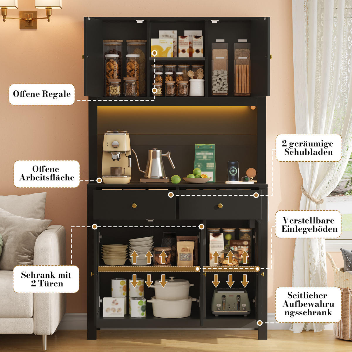BUFFET DE-38637 100/40/180 cm LED-Beleuchtung und 5 Rattantüren Schwarz - Schwarz, Holzwerkstoff (100/180/40cm) - ComfortXL