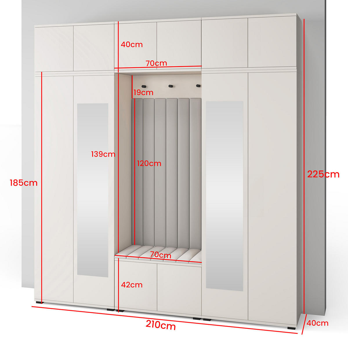 GARDEROBE Napoli version 12 mit Spiegel, mit POLSTERPANEELEN BLAU - Blau/Beige, Holzwerkstoff (210/225/40cm) - Jerpax