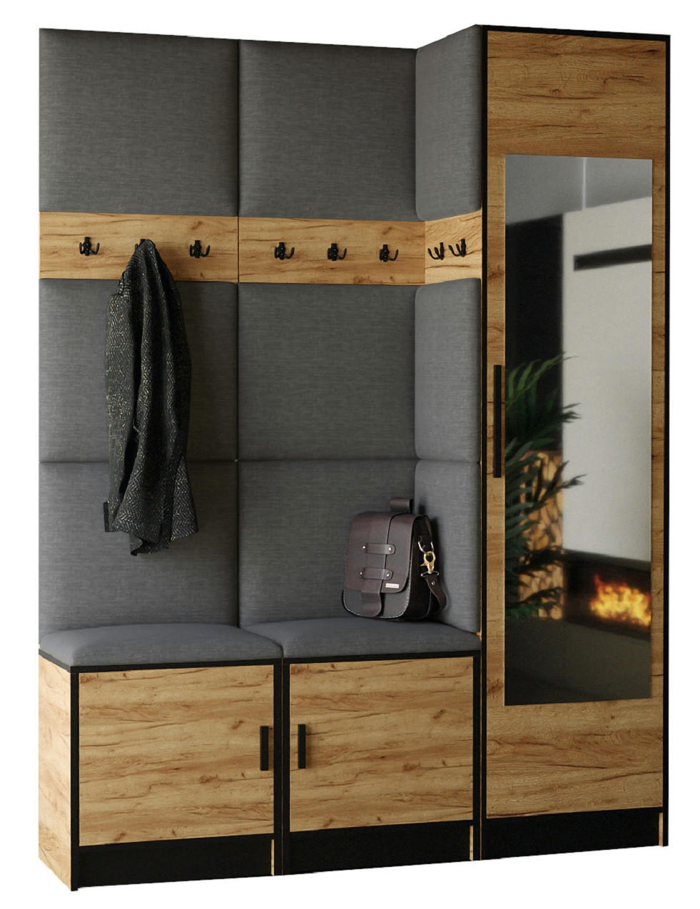 Kier Furniture PŘEDSÍŇOVÁ STĚNA ROJ 20 - 159,6x205x39cm Dub Craft & šedá látka
