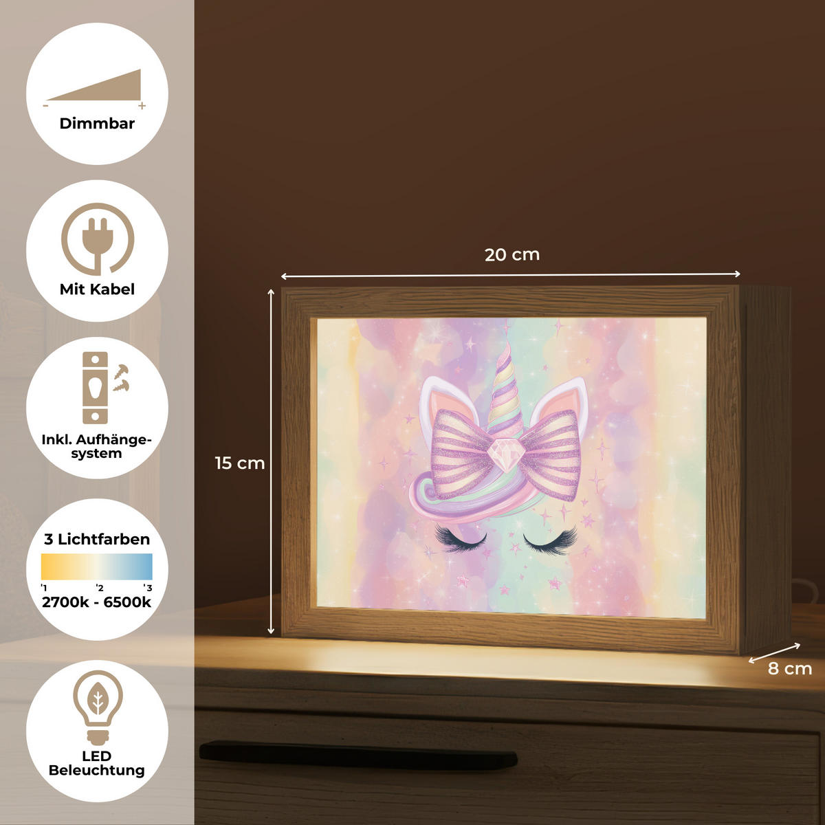 NÁSTĚNNÁ LAMPA Jednorožec - Třpytky - Duha - Pastelové barvy 20x15 cm - světle růžová, kompozitní dřevo (20/15/8cm) - OnlyWow