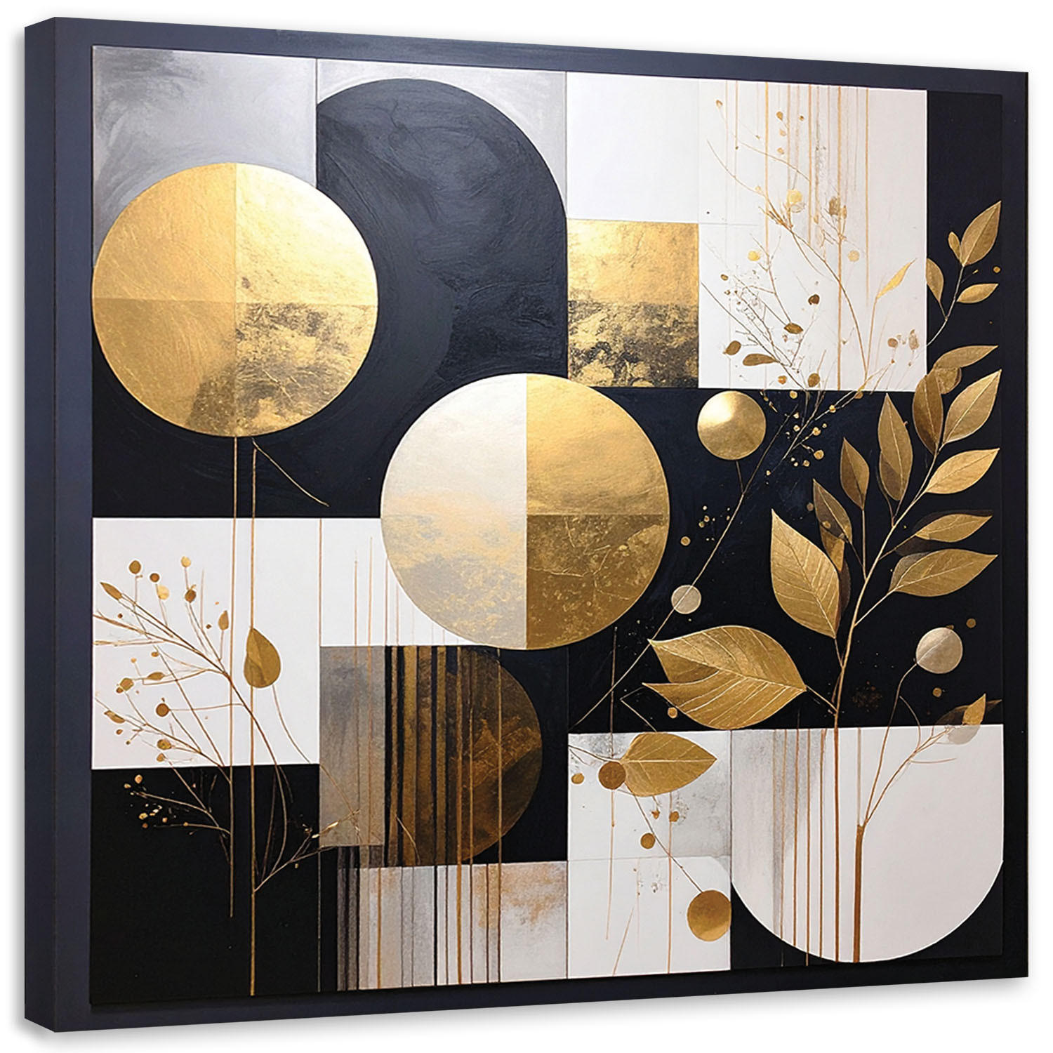 LEINWANDBILD, Abstrakt Kreise und Blätter in Schwarz und Gold - Schwarz, Textil (30/30cm) - Feeby