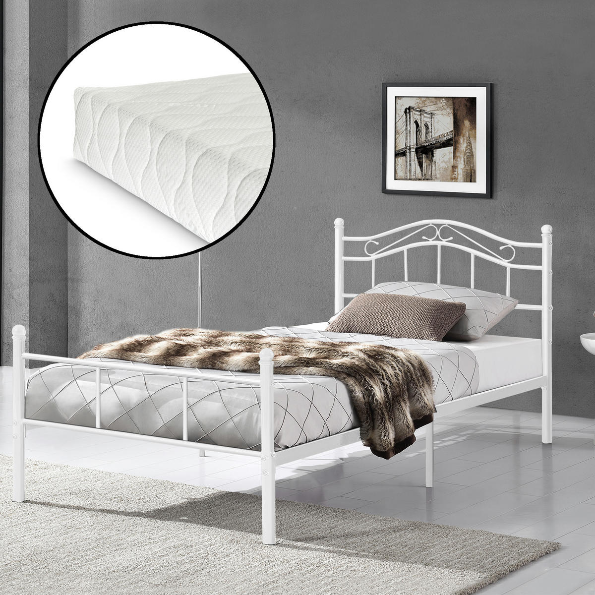 KOVOVÁ POSTEL Florenz s matrací - bílá, kov/textil (120/200cm) - [en.casa]