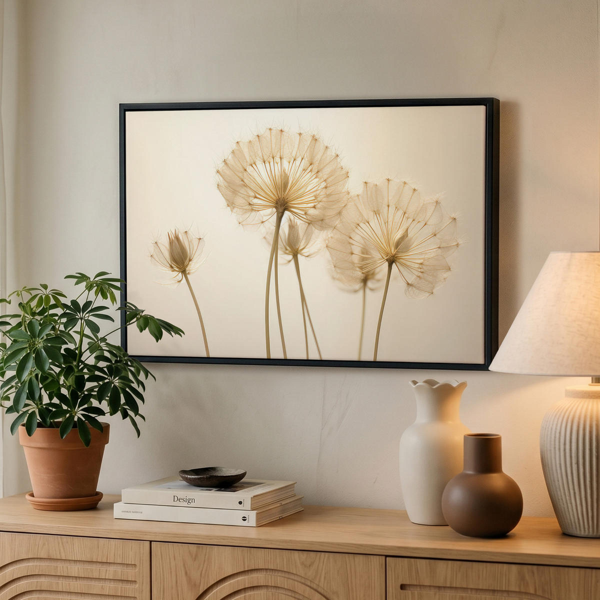 LEINWAND Bilder mit Rahmen - Sonnenlicht - Löwenzahn - Botanisch - Blumen - 60x40 - Creme, Textil (60/40cm) - MuchoWow