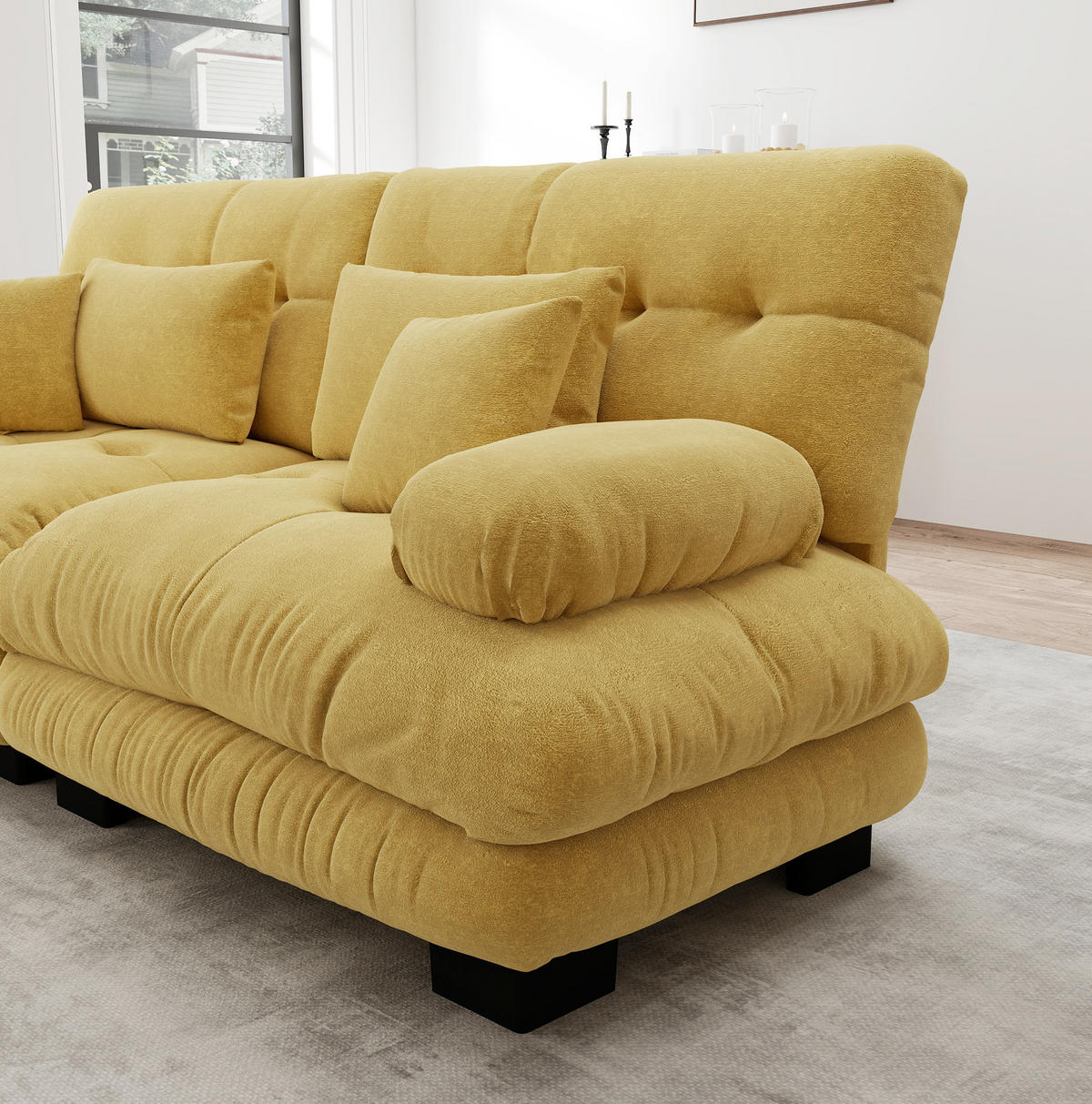 ECKSOFA 220/145/81 cm gelb aus Chenille mit Ottomane und Kissen - Gelb, Textil (145/220cm) - OKWISH