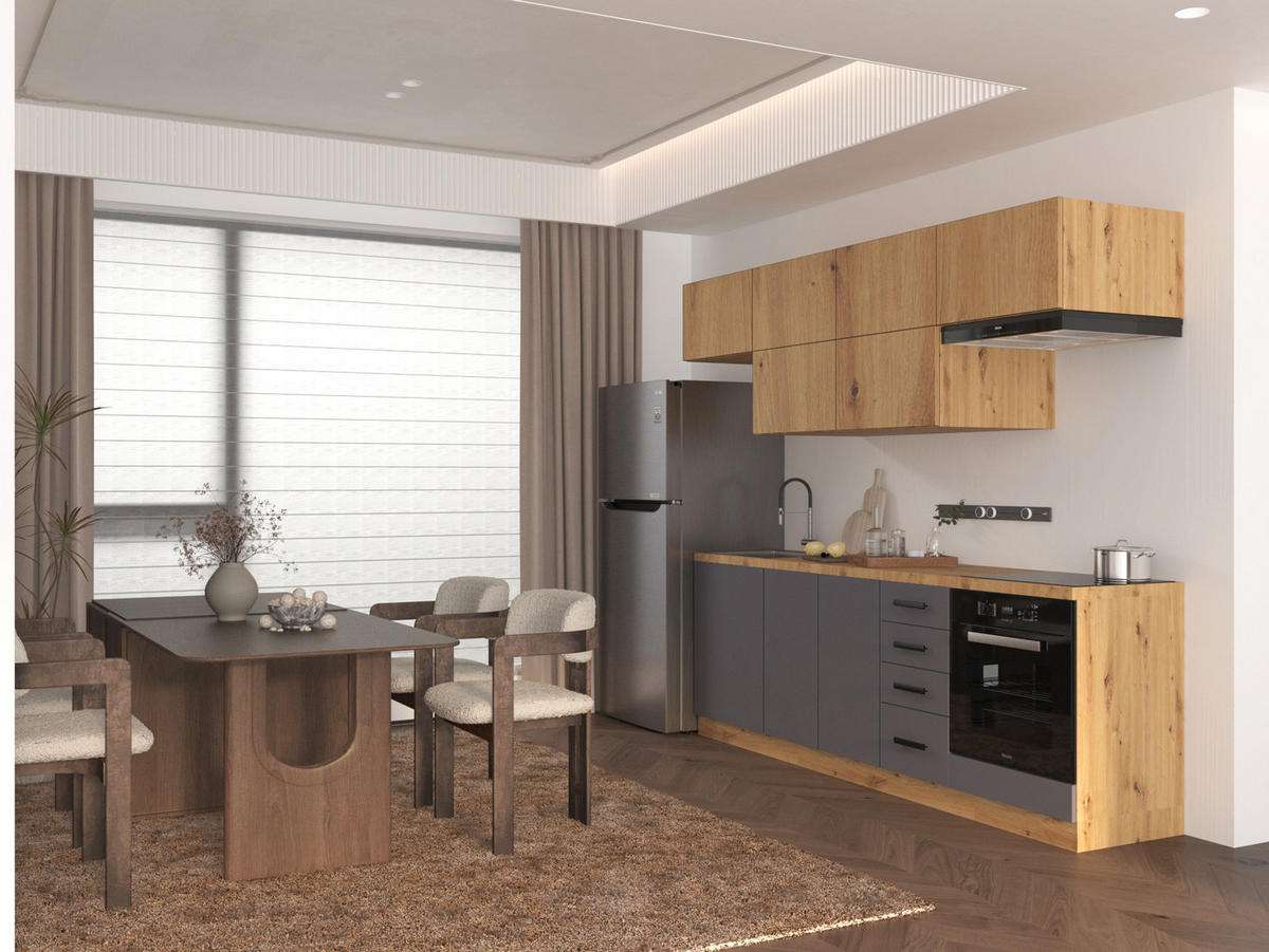 KÜCHENZEILE 240 - Langen KL2-M240 in Grau/ Artisan Eiche - Schwarz/Eiche Artisan, Holz/Metall (240/212/58cm)