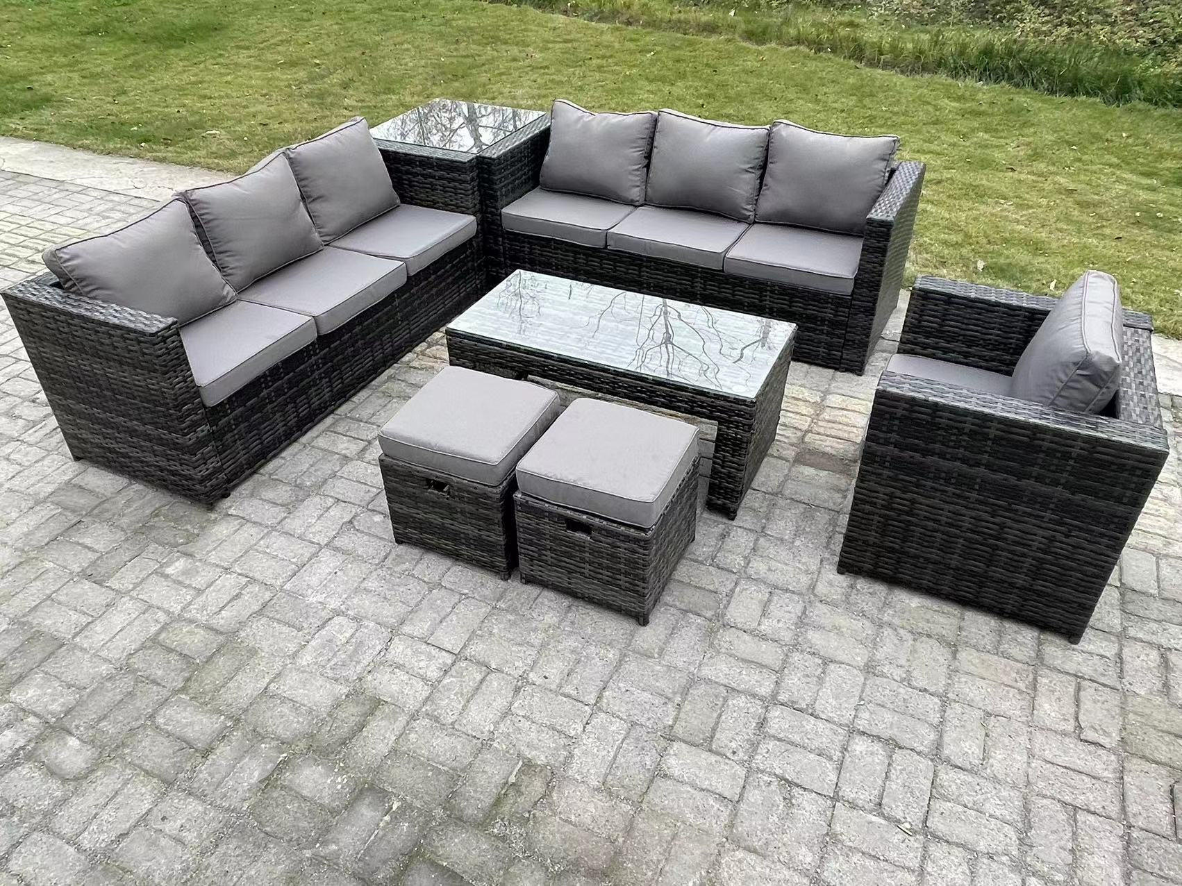 GARTENMÖBELSET mit Couchtisch Polyrattan 9-Sitzer - Dunkelgrau/Grau, Glas/Kunststoff - Fimous