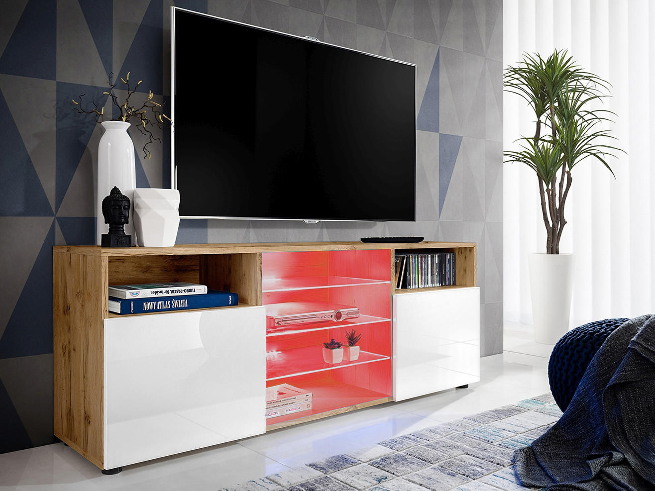 SIDEBOARD TV URBINO Eiche Wotan, LED Beleuchtung Mehrfarbige - Eiche Wotan/Weiß, Glas/Holzwerkstoff (140/53/35cm) - Komodee