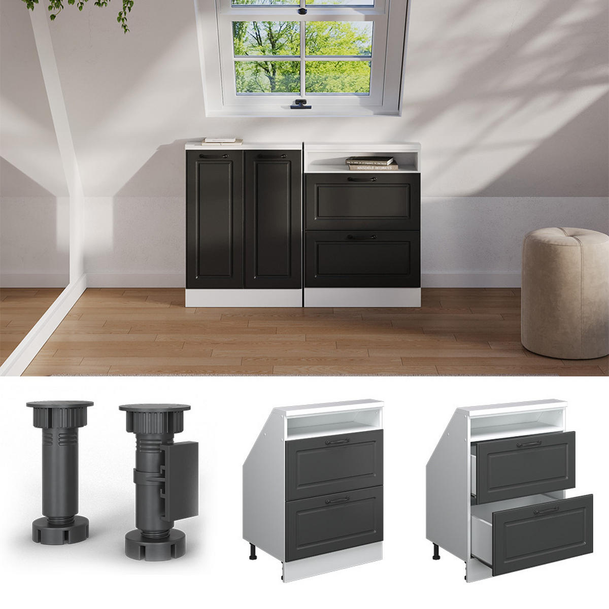 DACHSCHRÄGENSCHRANK Rion Anthrazit Landhaus/Weiß mit 2 Schubladen - Anthrazit/Weiß, Holzwerkstoff (60/81.6/46cm) - Vicco