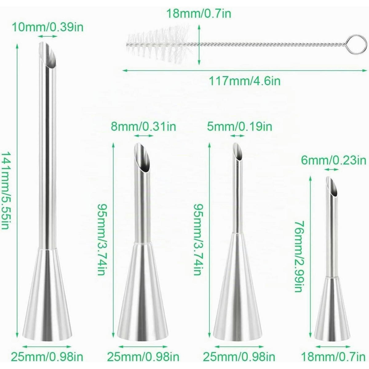 SPRITZTÜLLEN Set Edelstahl 4-teilig mit Reinigungsbürste - Silberfarben, Metall (2.5/1/14.1cm)