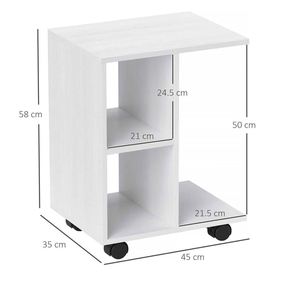 BEISTELLTISCH aus Spanplatte 45x35x58 cm Weiß mit Rollen, Stauraum und C-Form - Weiß, Holzwerkstoff (45/35/58cm) - Modfu