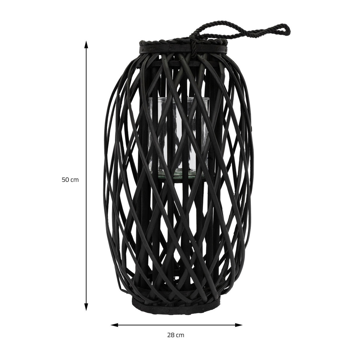 LATERNA Ried 50xØ28 cm černá s uchem a skleněnou vložkou - černá, přírodní materiály (28/40/28cm) - ECD-Germany