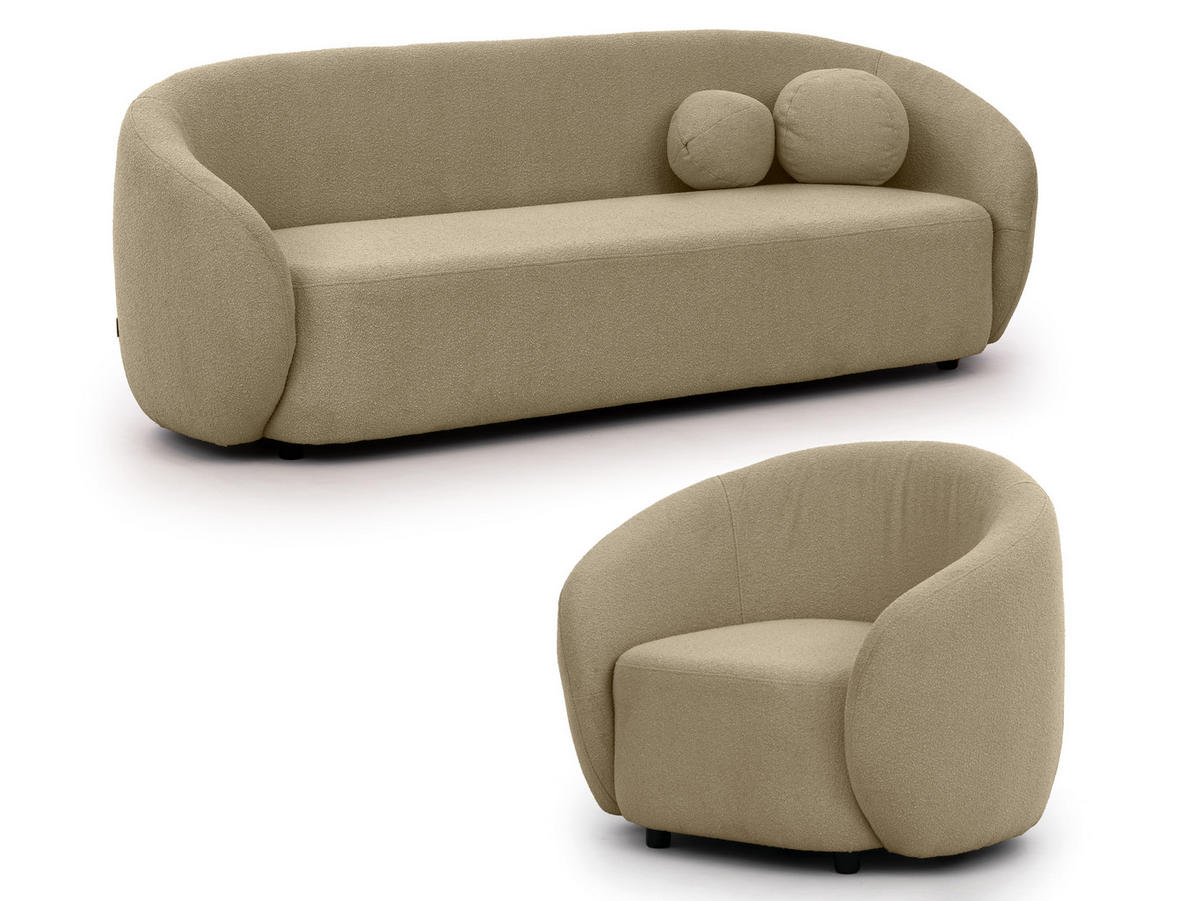 SITZGARNITUR 3+1 Roundi Beige Bouclé - Beige/Schwarz, Holz/Kunststoff (208/76/80cm) - S-Style Möbel