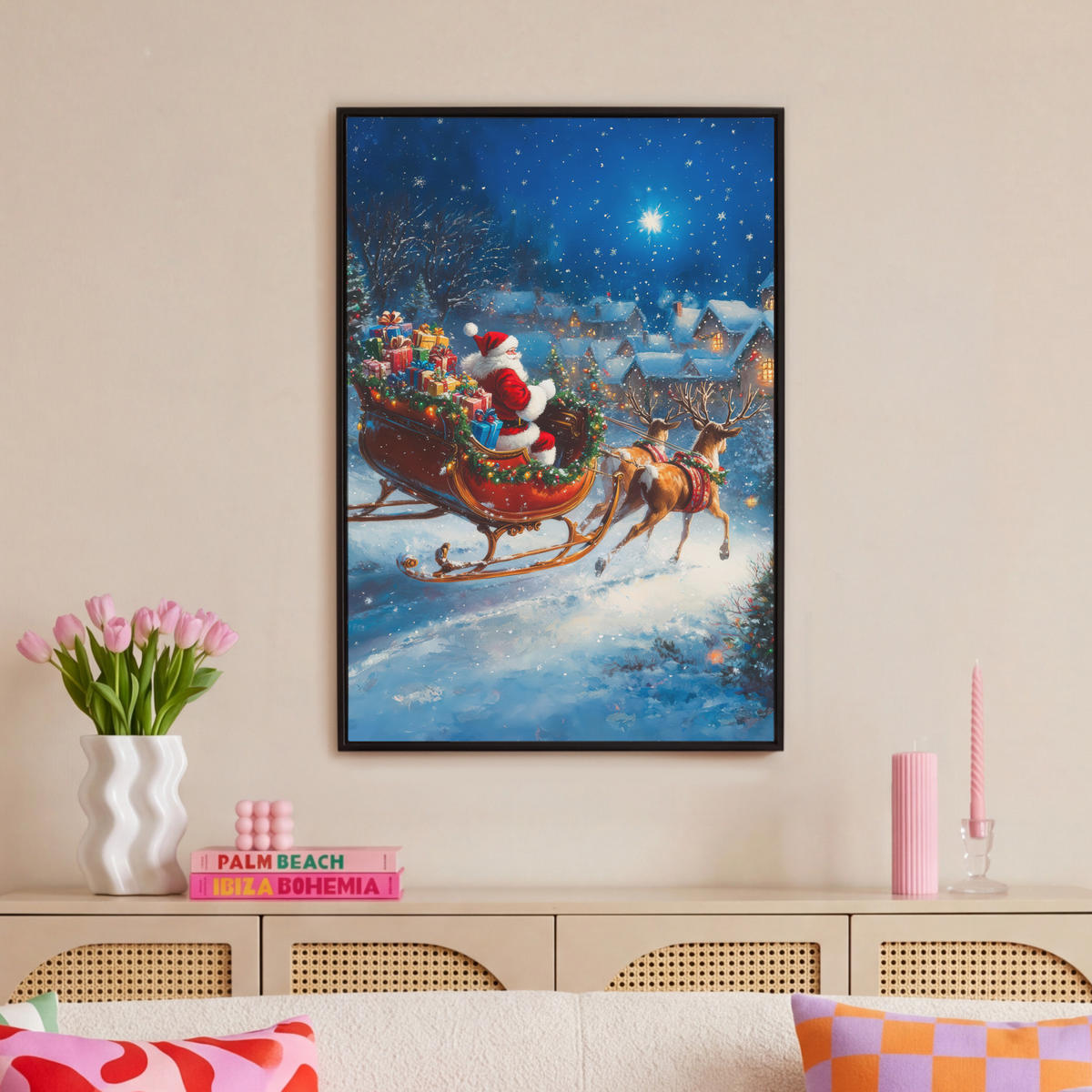 LEINWAND Bilder mit Rahmen - Weihnachtsmann - Rentier - Weihnachten - Schnee - 60x90 - Cognac, Textil (60/90cm) - MuchoWow