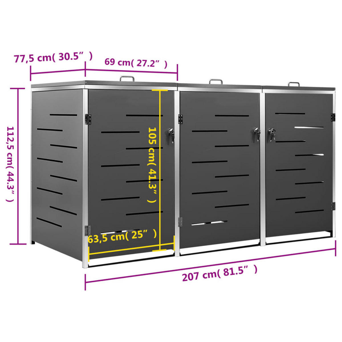 MÜLLTONNENBOX FÜR 3 TONNEN 207X77,5X115 CM EDELSTAHL - Anthrazit, Metall (207/115/77.5cm) - vidaXL