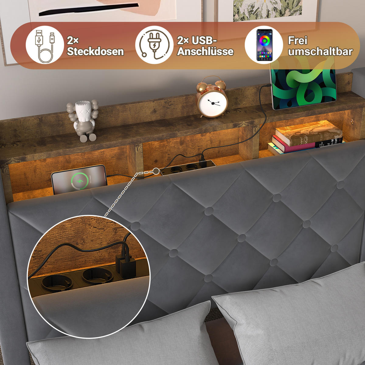 POLSTERBETT 90/200 cm in Dunkelgrau Samt mit Bettkasten, LED-Beleuchtung und USB-Anschluss - Dunkelgrau, Holzwerkstoff/Textil (90/200cm) - CHICFURN