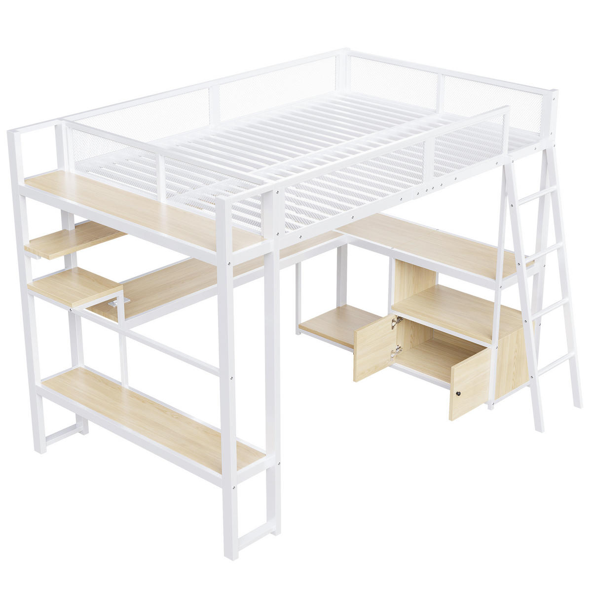 HOCHBETT aus Metall und MDF 140x200 cm Weiß mit Schreibtisch, LED-Beleuchtung, Ladestation und Stauraum - Weiß, Holzwerkstoff (140/200cm) - Modfu