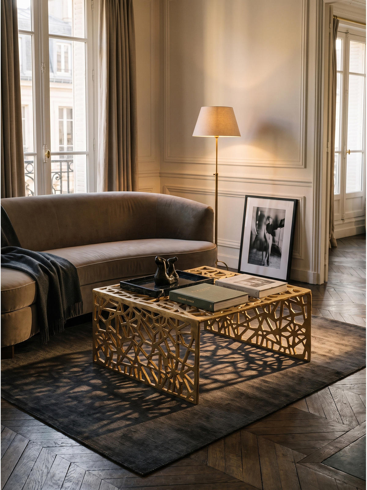COUCHTISCH INDRE, Aluminium, handgefertigt, mit Astmuster, Gold, 60 x 60 x 31 cm - Goldfarben, Metall (60/60/31cm) - KADIMA DESIGN