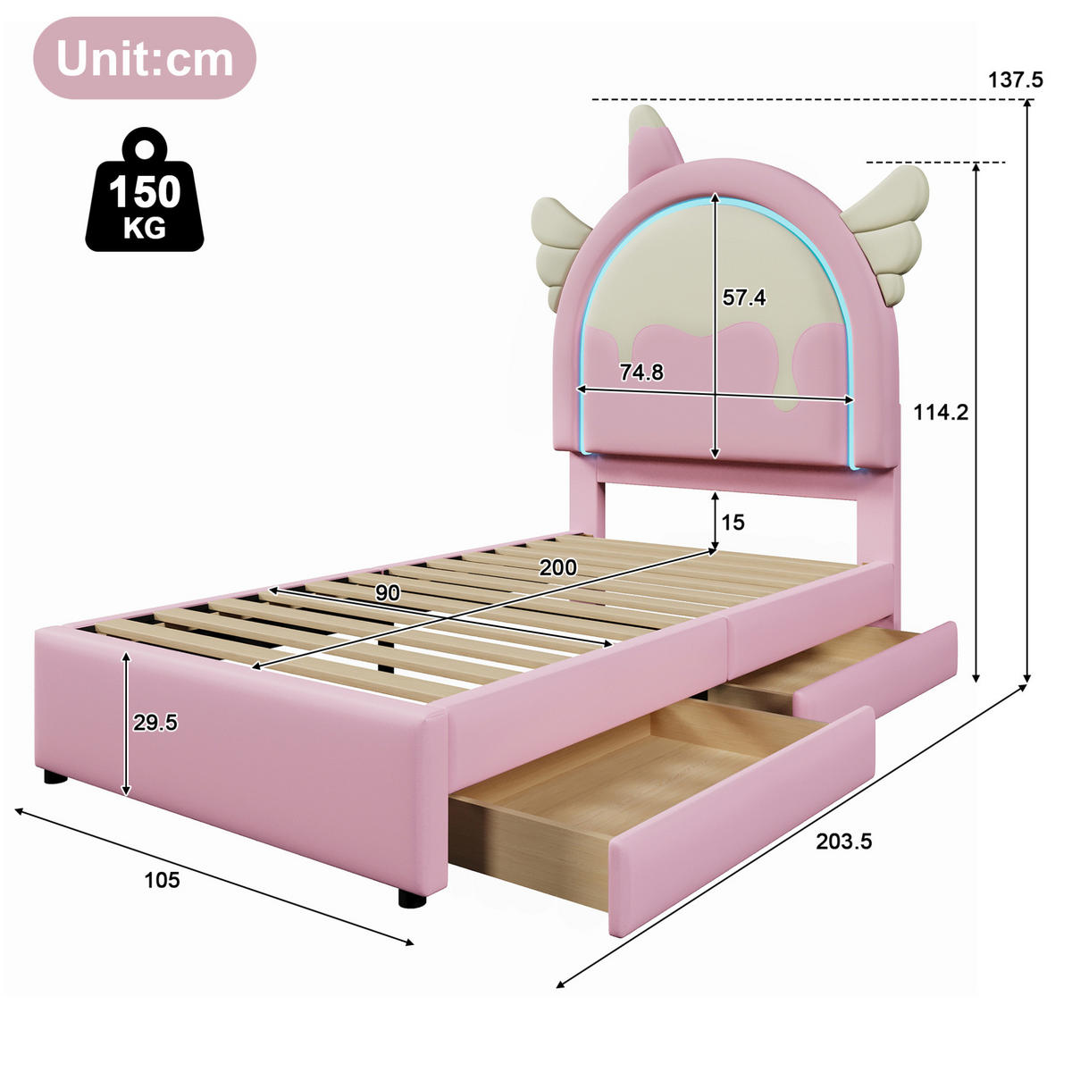 POLSTERBETT 90/200 cm Rosa aus PU mit Leuchtleiste - Rosa, Kunststoff (90/200cm) - OKMYHOME