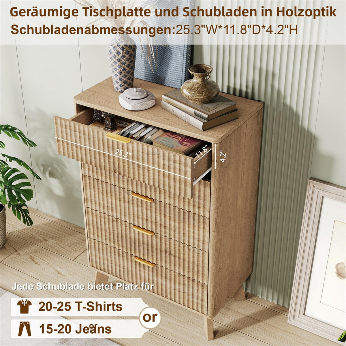 KOMMODE mit 5 Schubladen - geriffelte Fronten und goldene Metallgriffe - Eiche-Optik - Eichefarben, Holzwerkstoff (73/108/40cm) - DELFA