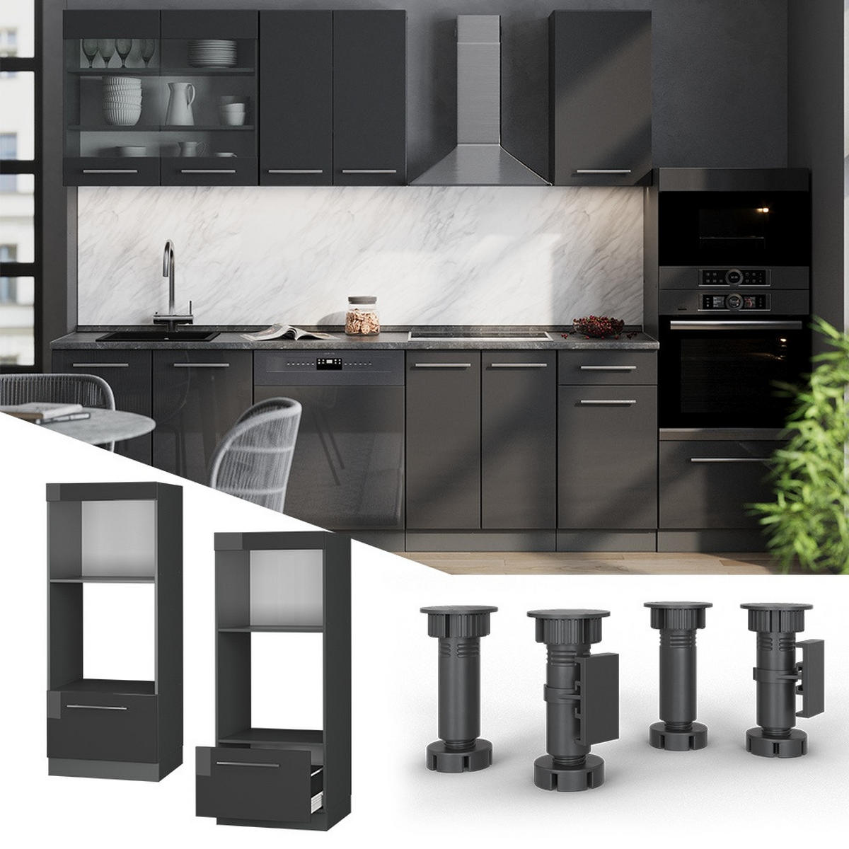 MIKROWELLENSCHRANK Fame-Line Anthrazit Hochglanz 60 cm offen - Schwarz Hochglanz/Anthrazit, Holzwerkstoff (60/153.6/58.1cm) - Vicco