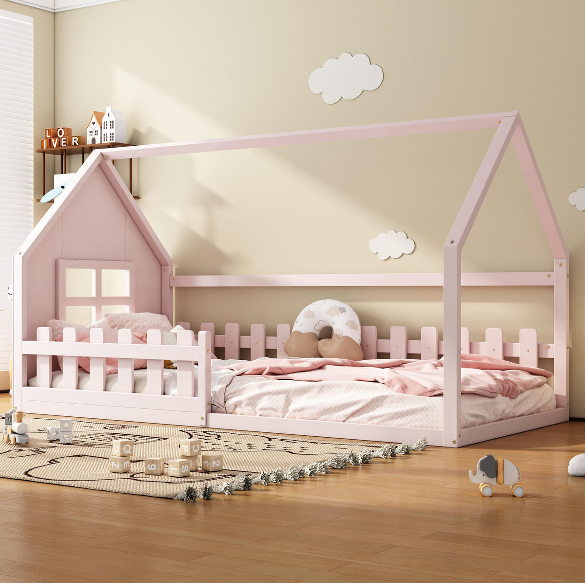 HAUSBETT 90/200 cm in Rosa aus Kiefer und MDF in Hausform - Pink, Holz (90/200cm) - OKMYHOME