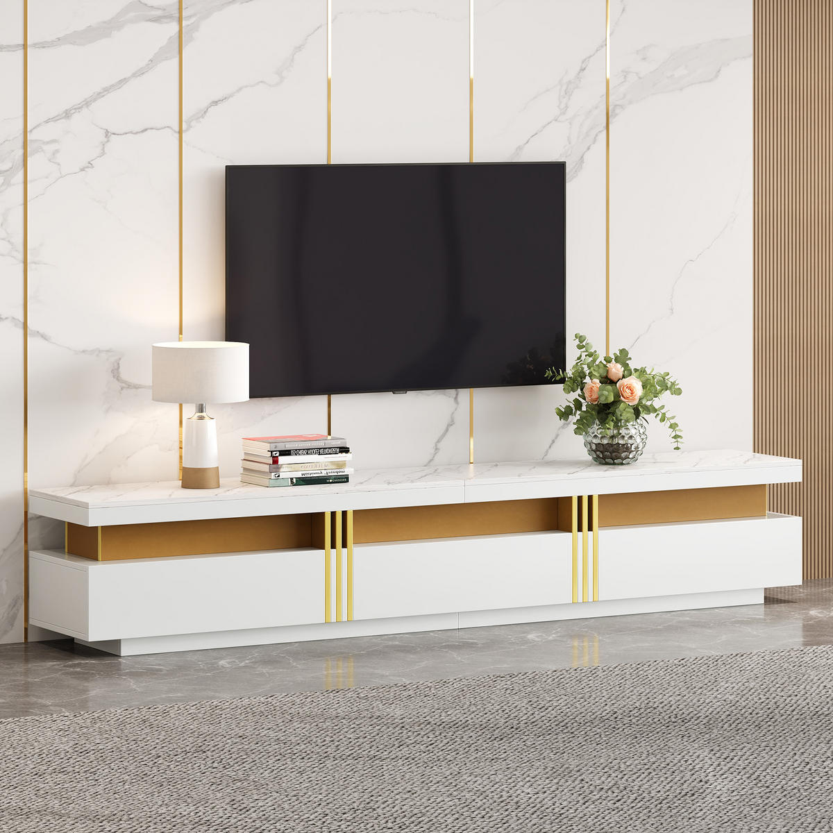 TV-ELEMENT 200/40/42 cm Marmoroptik mit 3 Schubladen und Kabelmanagement - Weiß, Holzwerkstoff (40/42/200cm) - Korfee