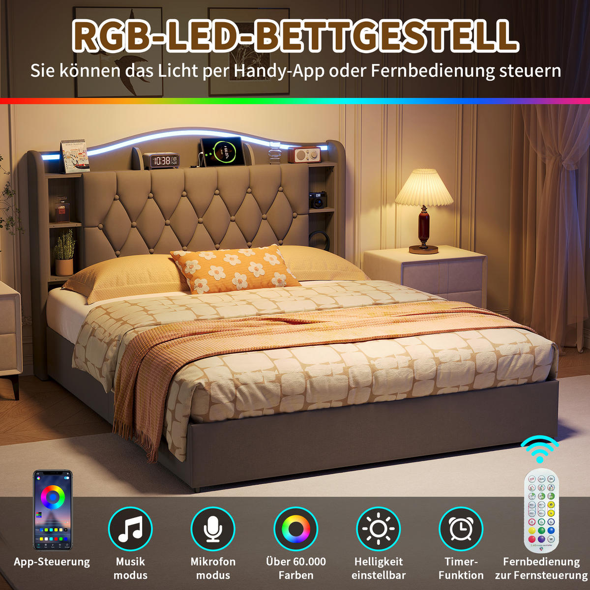 POLSTERBETT 140x190 cm mit Bettkasten, LED & USB, Doppelbett mit Kopfteil Stauraum und kabellosem Laden, Grau - Grau, Metall (140/190cm) - EuroLiving