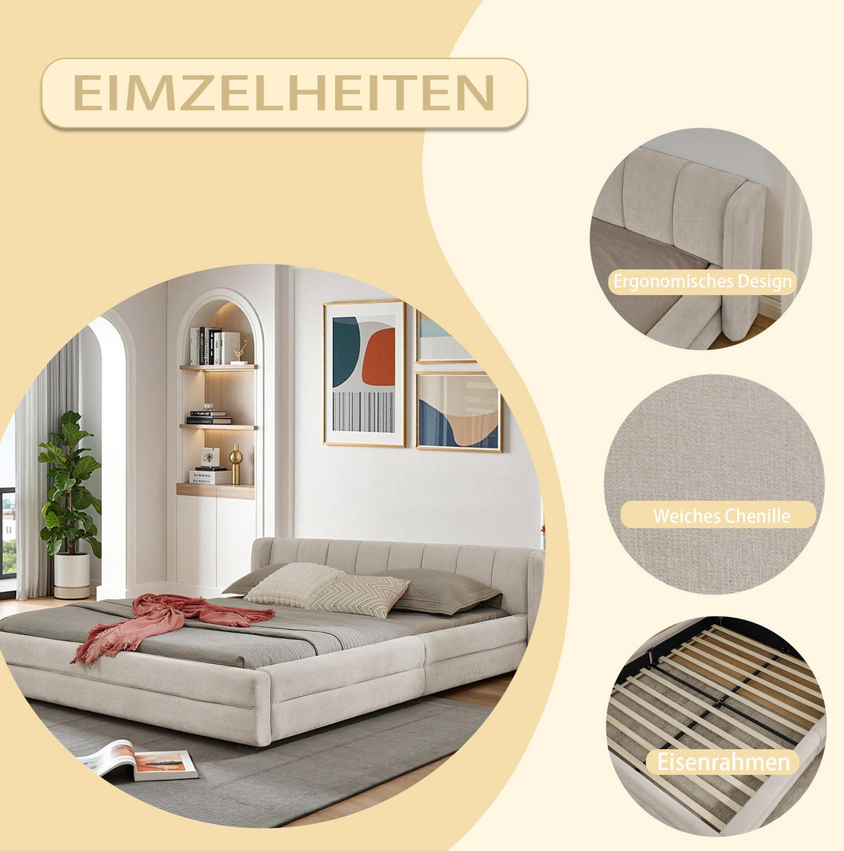 POLSTERBETT 140/200 cm mit ergonomischem Kopfteil und Chenillebezug, Beige - Beige, Kunststoff (140/200cm) - Redom
