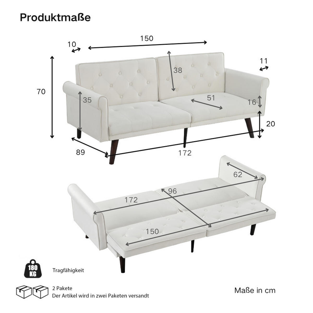 SCHLAFSOFA 150/89/70 cm in Beige Samt mit Verstellbarer Rückenlehne - Beige, Textil (172/70/89cm) - Oxeza