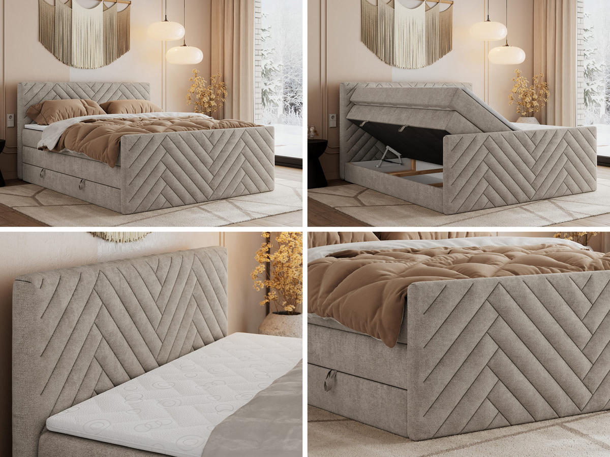 BOXSPRINGBETT PARIS KING DUO - 140/200 - Beige Struktur - H3 - Beige, Holz/Textil (140/200cm) - MKS