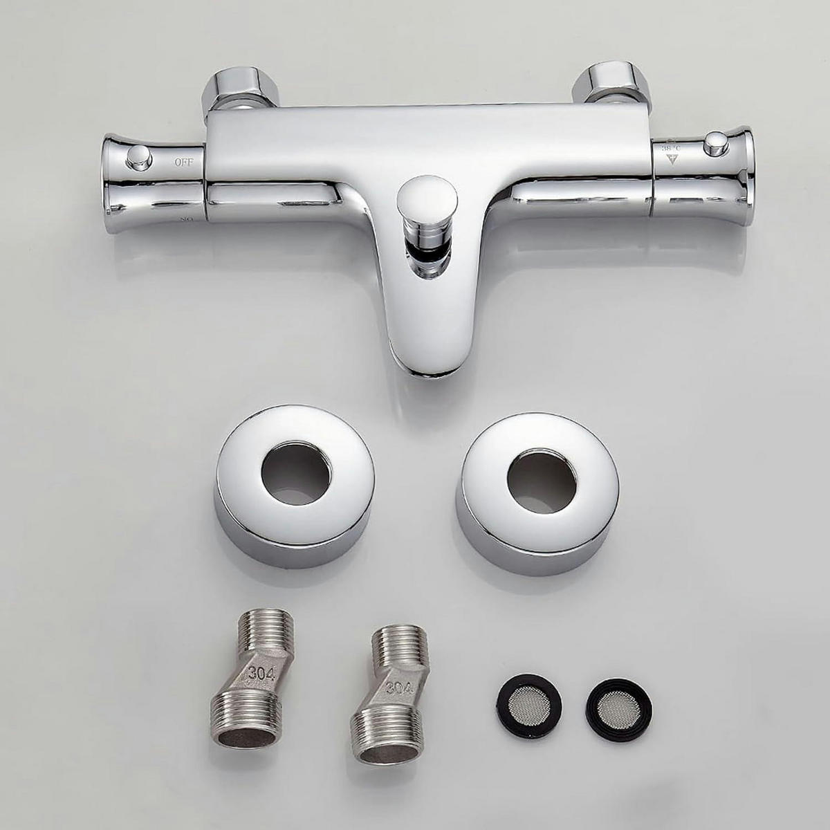 BADEWANNENARMATUR Thermostat Messing Chrom mit 38° Sicherheitstaste für Wandmontage - Silberfarben, Metall (15/10/25.5cm)