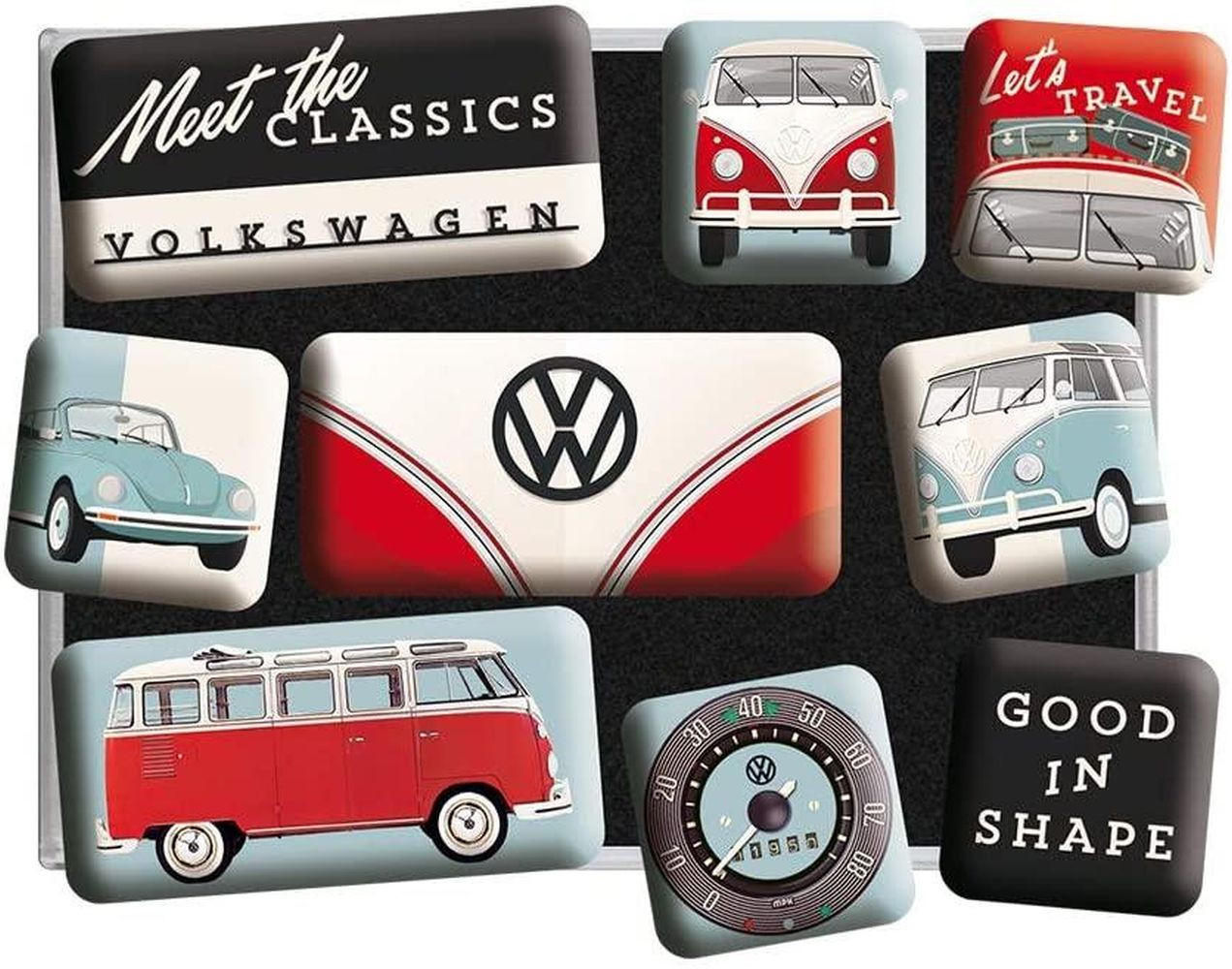 MAGNETSET 9-teilig Volkswagen VW Bulli & Beetle Meet The Classics - Multicolor, Metall (9/7/2cm) - Nostalgic-Art