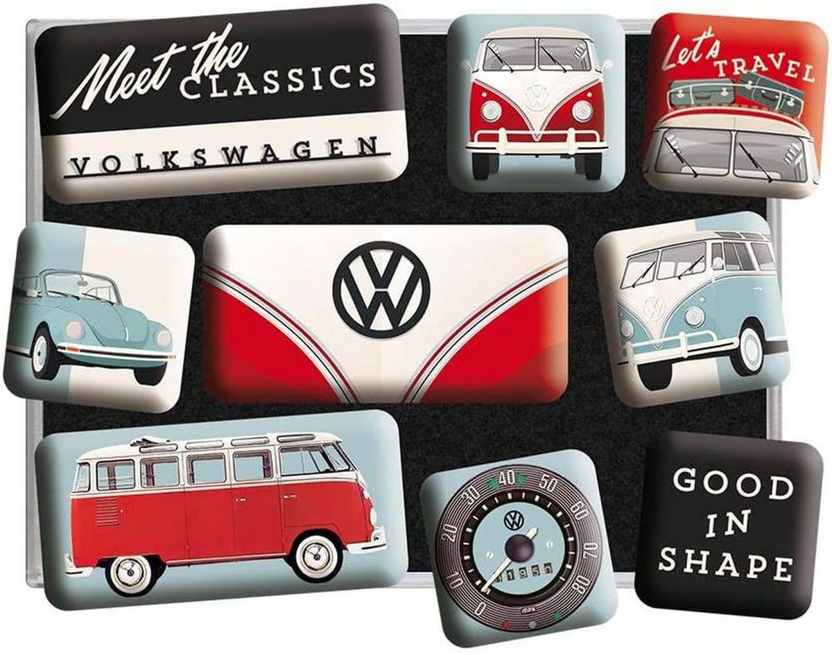 MAGNETSET 9-teilig Volkswagen VW Bulli & Beetle Meet The Classics - Multicolor, Metall (9/7/2cm) - Nostalgic-Art