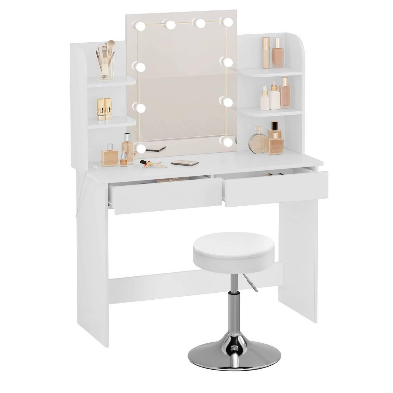 SCHMINKTISCH mit LED-Beleuchtung Hocker, 108x40x142cm, Holz, Weiß - Silberfarben/Weiß, Holzwerkstoff/Metall (108/142/40cm) - Woltu