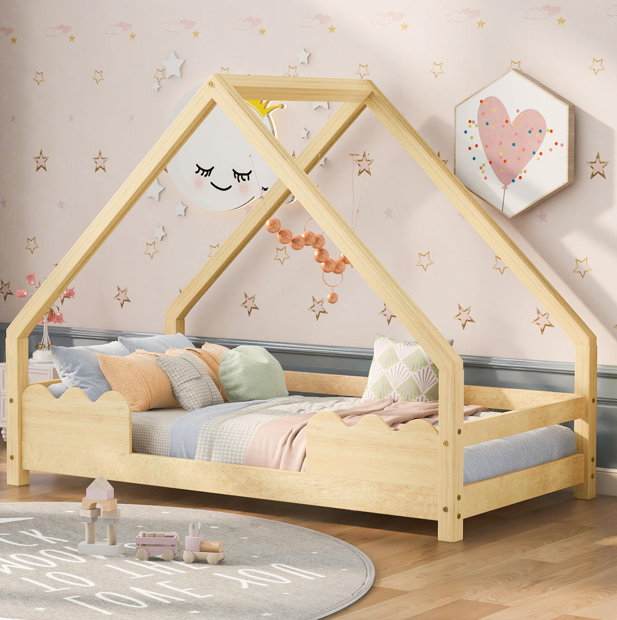 KINDERBETT Hausbett 90/200 cm mit Rausfallschutz und Lattenrost aus massivem Kiefernholz, Natur - Naturfarben, Holz (90/200cm) - Redom
