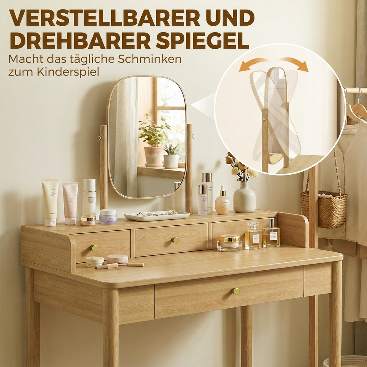 FRISIERTISCH MDF Eiche - Eichefarben/Goldfarben, Holz/Holzwerkstoff (50/127.5/90cm) - HOMCOM