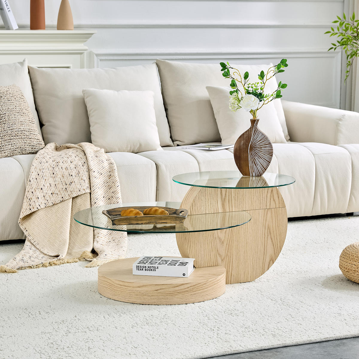 COUCHTISCH in Naturfarbe Wohnzimmertisch mit zwei Ebenen aus Sicherheitsglas für Wohnzimmer, B90/T70/H44 cm - Transparent/Naturfarben, Glas/Holzwerkstoff (90/90/44cm) - STILVORA