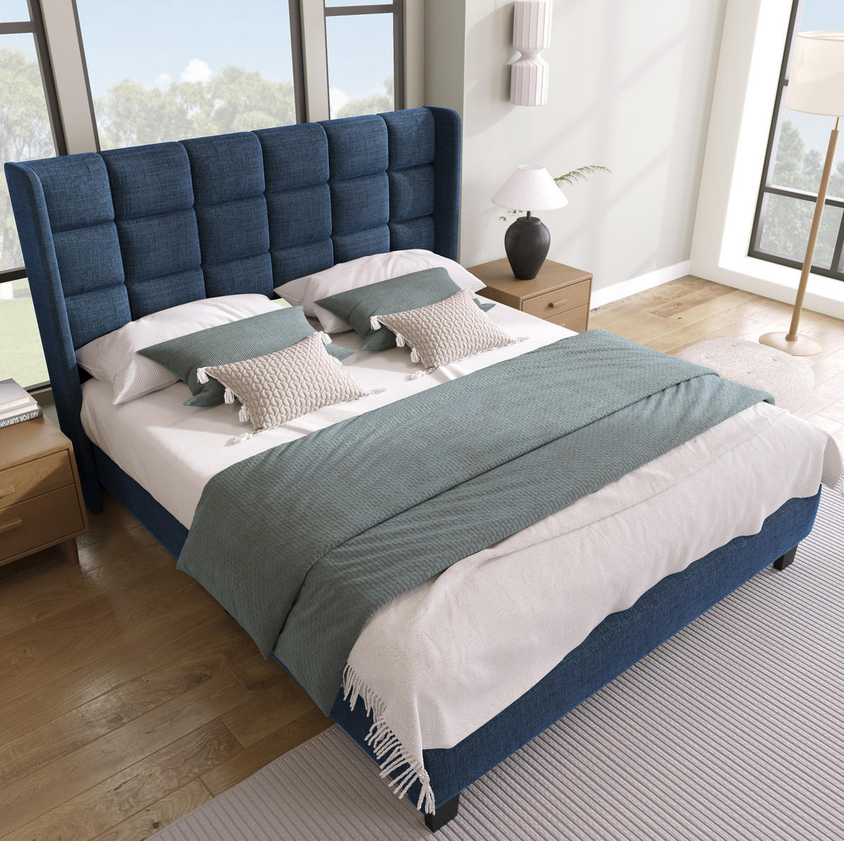 POLSTERBETT 140/200 cm Blau aus Leinen mit Lattenrost - Blau, Textil (140/200cm) - OKMYHOME