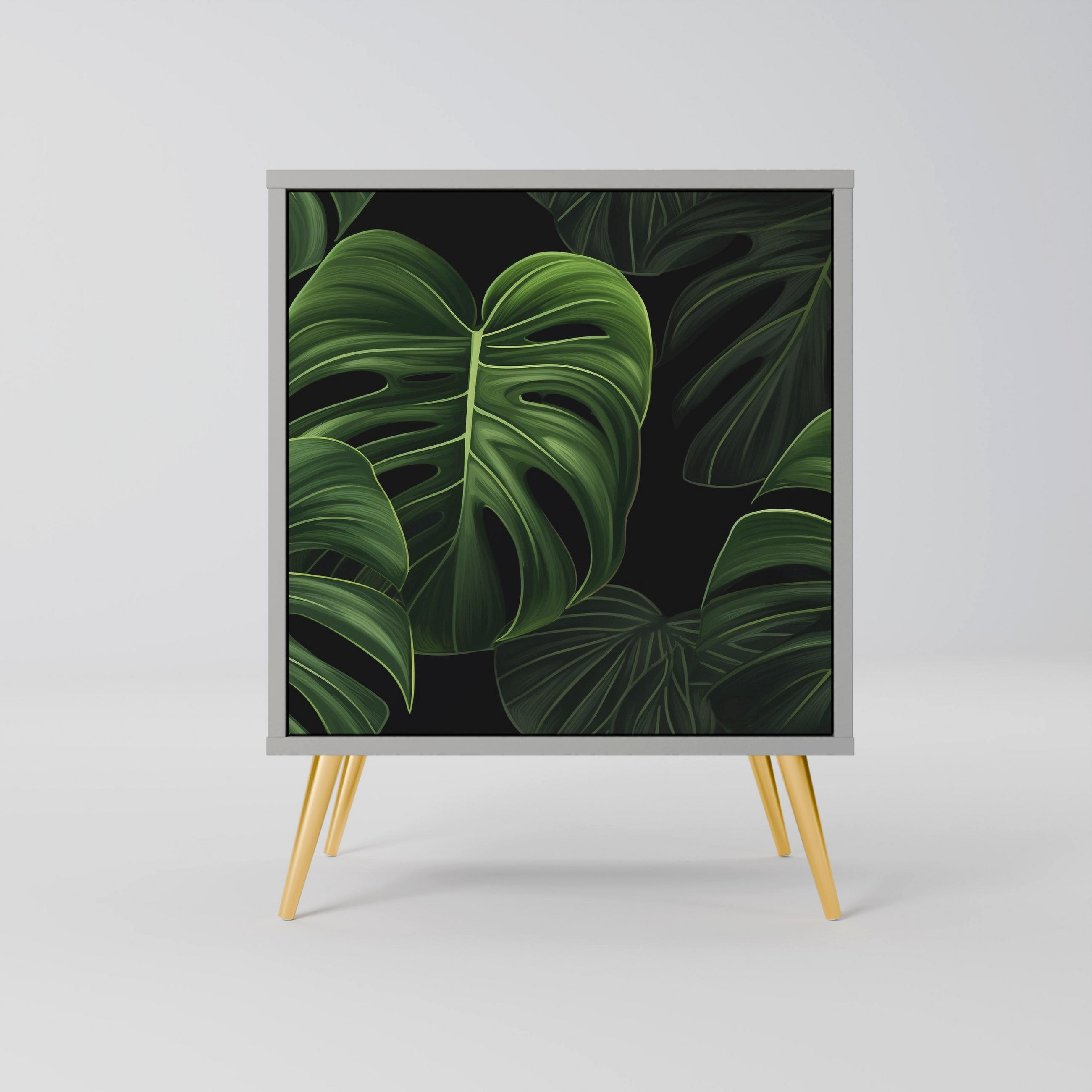 SIDEBOARD INFINITE MONSTERA, Grau, 57,5x42x75,5 cm, Goldfarbene Metallfüße - Goldfarben/Multicolor, Holzwerkstoff/Metall (57.5/75.5/42cm) - SpaceRebels