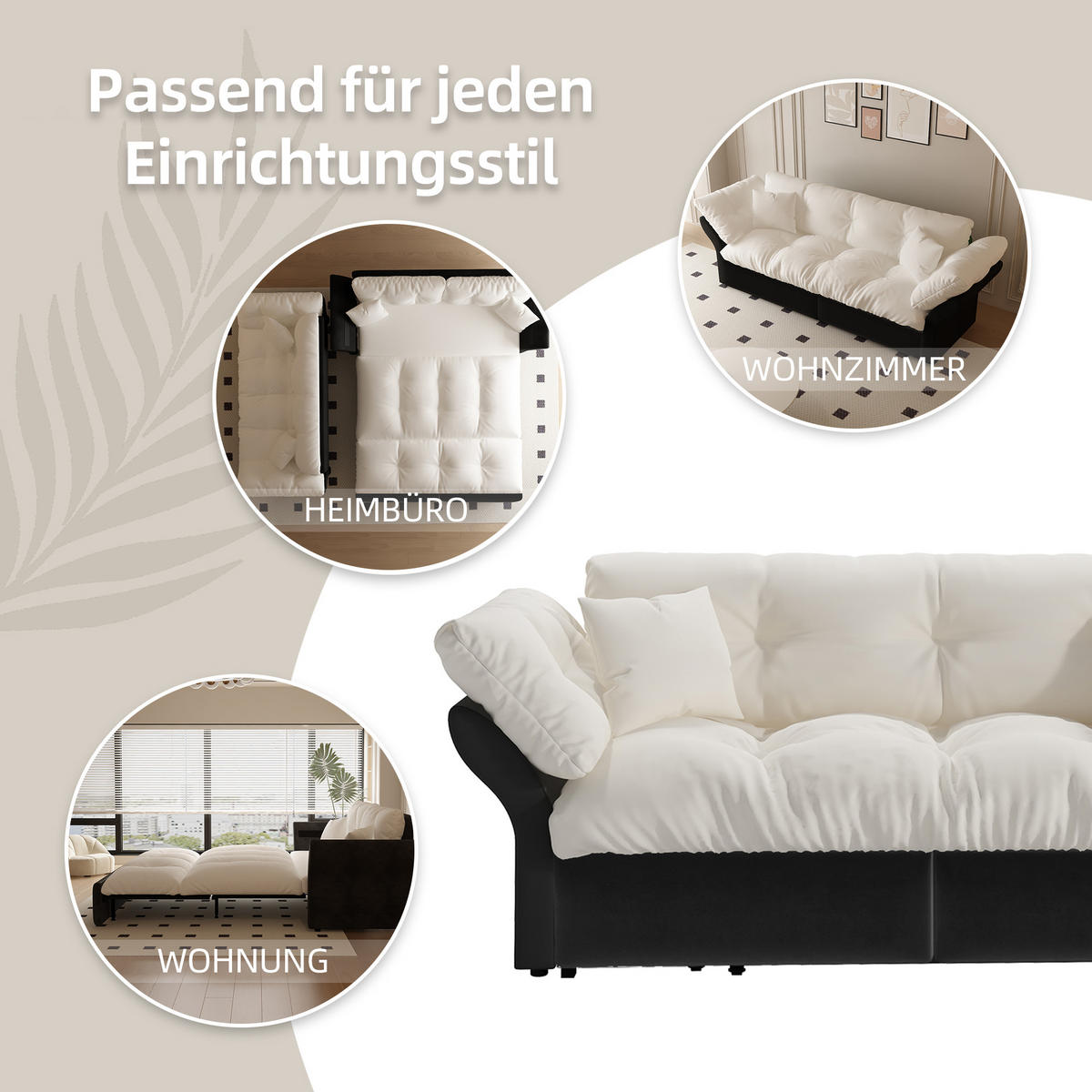 SCHLAFSOFA 190/85/91 cm Beige Samt mit Tufting und 2 weichen Kissen - Beige, Textil (190/91/85cm) - Oxeza